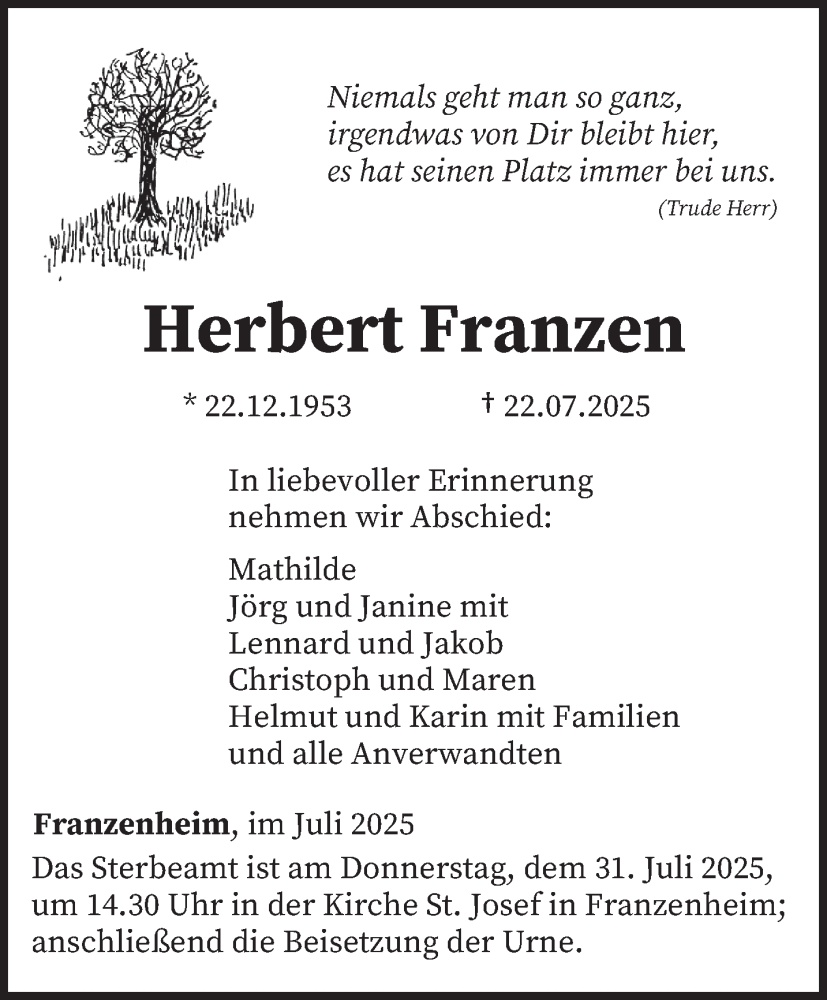  Traueranzeige für Herbert Franzen vom 26.07.2025 aus trierischer_volksfreund
