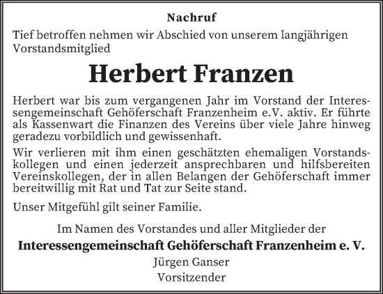 Traueranzeige von Herbert Franzen von trierischer_volksfreund