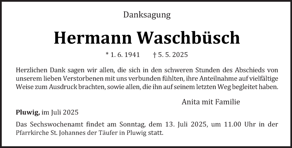  Traueranzeige für Hermann Waschbüsch vom 05.07.2025 aus trierischer_volksfreund