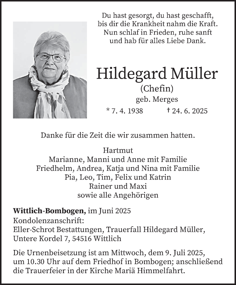  Traueranzeige für Hildegard Müller vom 02.07.2025 aus trierischer_volksfreund