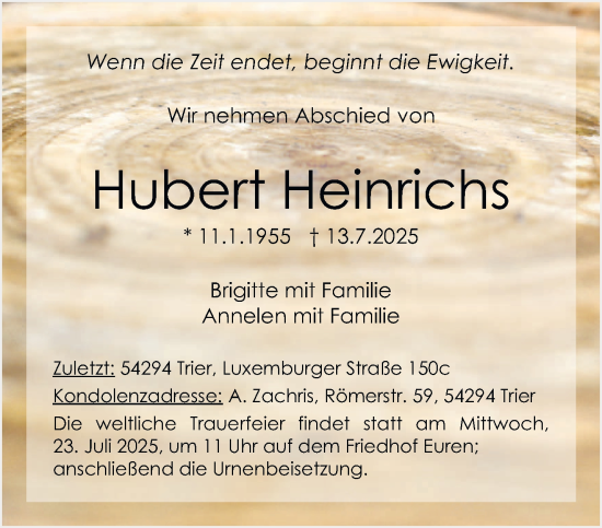 Traueranzeige von Hubert Heinrichs von trierischer_volksfreund