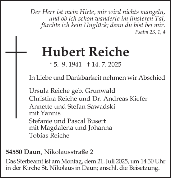 Traueranzeige von Hubert Reiche von trierischer_volksfreund