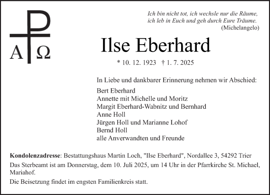 Traueranzeige von Ilse Eberhard von trierischer_volksfreund