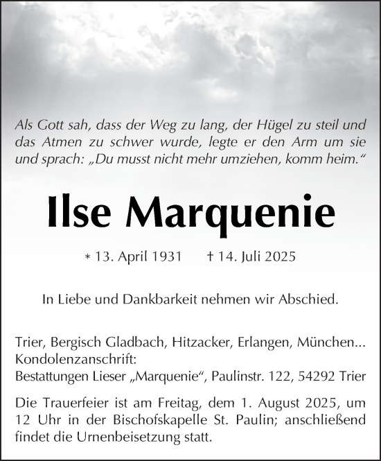 Traueranzeige von Ilse Marquenie von trierischer_volksfreund