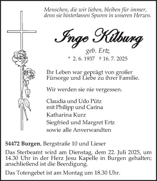 Traueranzeige von Inge Kilburg von trierischer_volksfreund