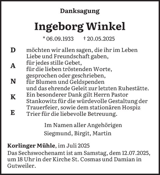 Traueranzeige von Ingeborg Winkel von trierischer_volksfreund