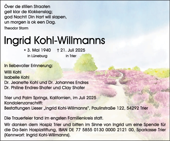 Traueranzeige von Ingrid Kohl-Willmanns von trierischer_volksfreund