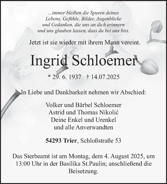 Traueranzeige von Ingrid Schloemer von trierischer_volksfreund