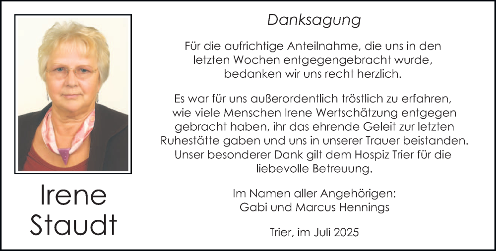  Traueranzeige für Irene Staudt vom 26.07.2025 aus trierischer_volksfreund