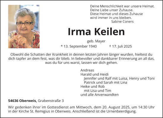 Traueranzeige von Irma Keilen von trierischer_volksfreund
