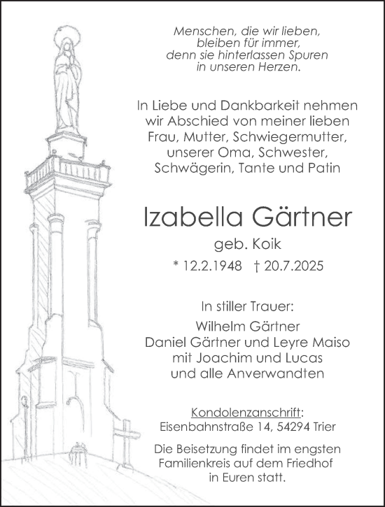 Traueranzeige von Izabella Gärtner von trierischer_volksfreund