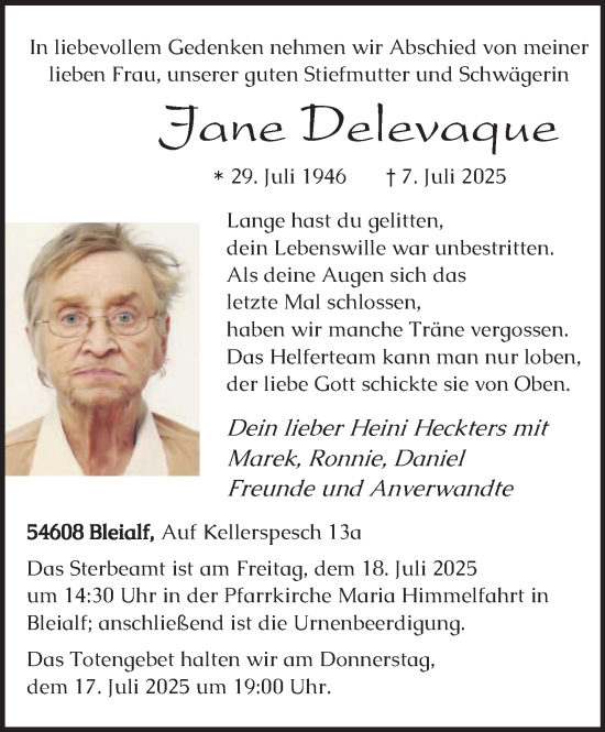 Traueranzeige von Jane Delevaque von trierischer_volksfreund