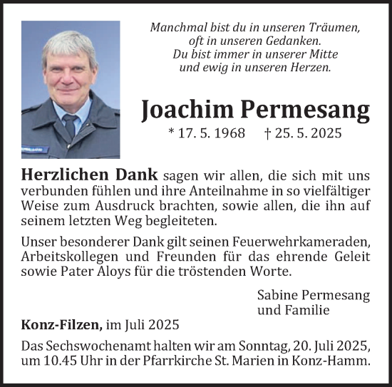 Traueranzeige von Joachim Permesang von trierischer_volksfreund