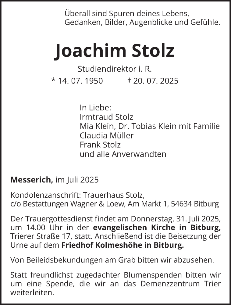 Traueranzeige für Joachim Stolz vom 26.07.2025 aus trierischer_volksfreund