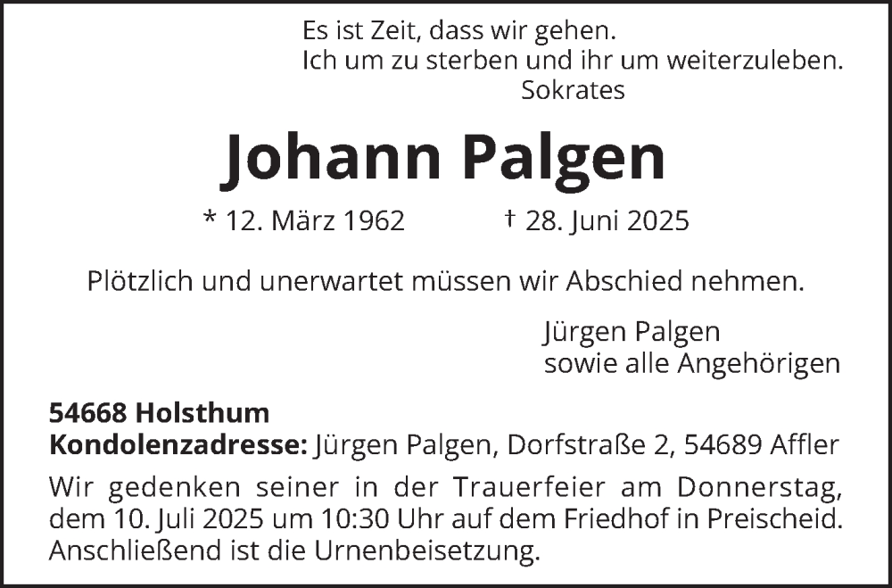  Traueranzeige für Johann Palgen vom 05.07.2025 aus trierischer_volksfreund