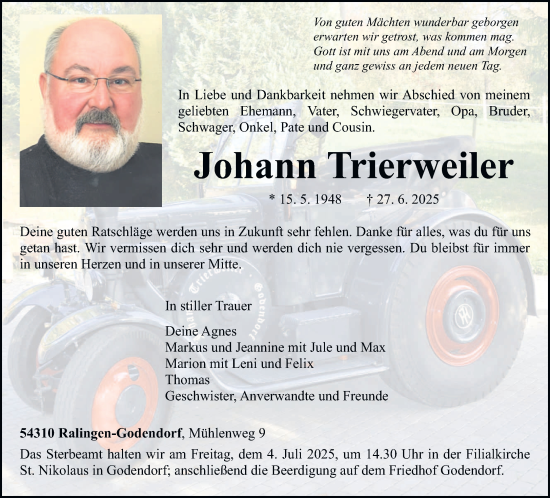 Traueranzeige von Johann Trierweiler von trierischer_volksfreund