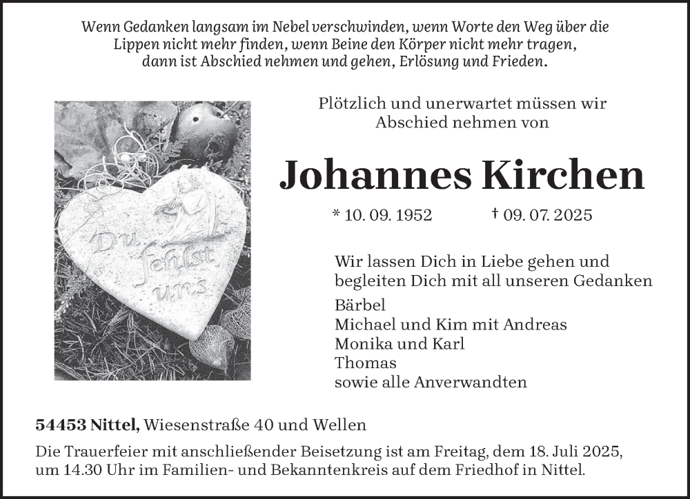  Traueranzeige für Johannes Kirchen vom 12.07.2025 aus trierischer_volksfreund