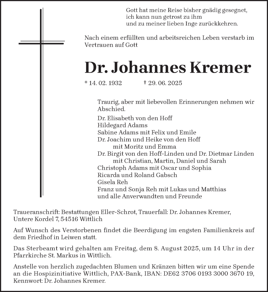  Traueranzeige für Johannes Kremer vom 12.07.2025 aus trierischer_volksfreund