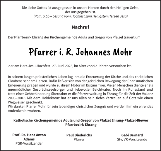 Traueranzeige von Johannes Mohr von trierischer_volksfreund