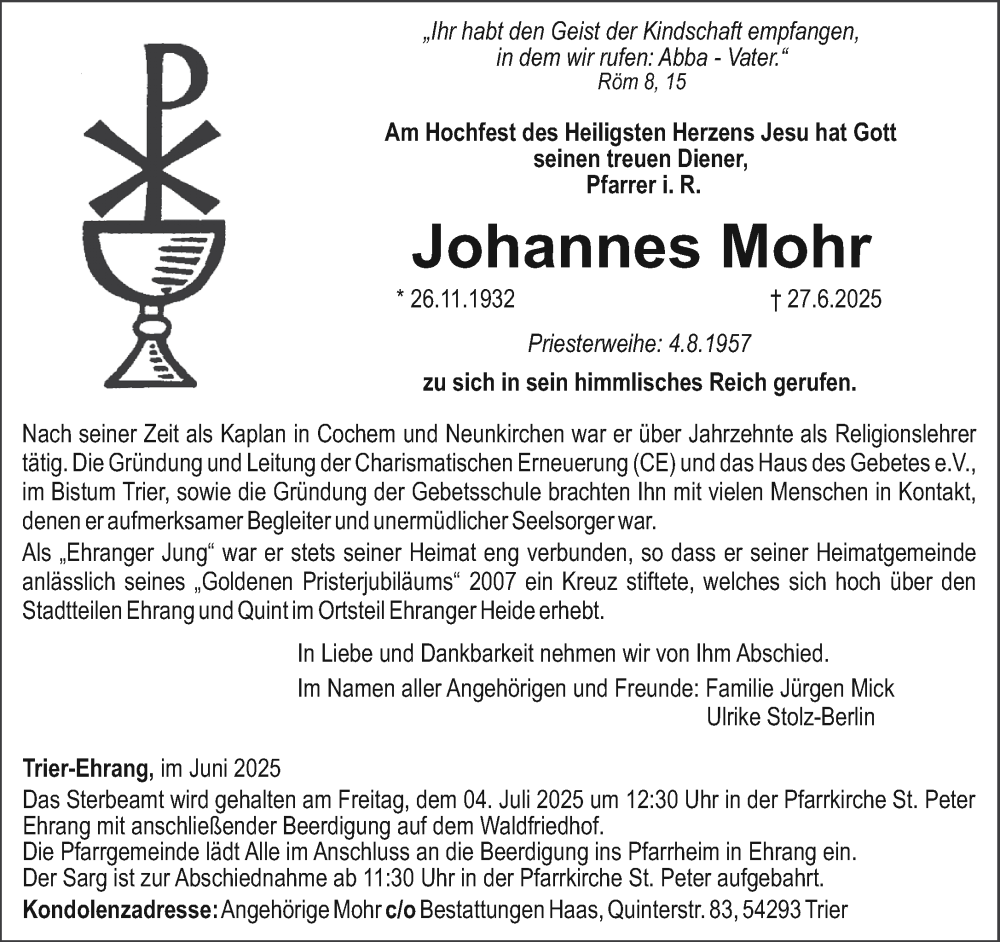  Traueranzeige für Johannes Mohr vom 02.07.2025 aus trierischer_volksfreund