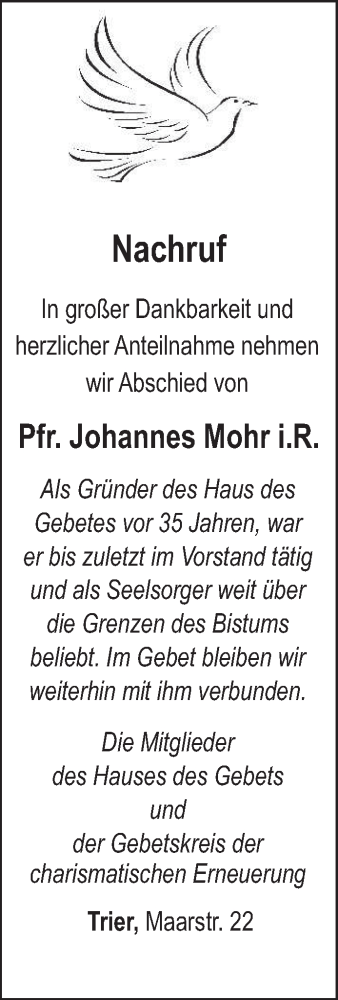 Traueranzeige von Johannes Mohr von trierischer_volksfreund