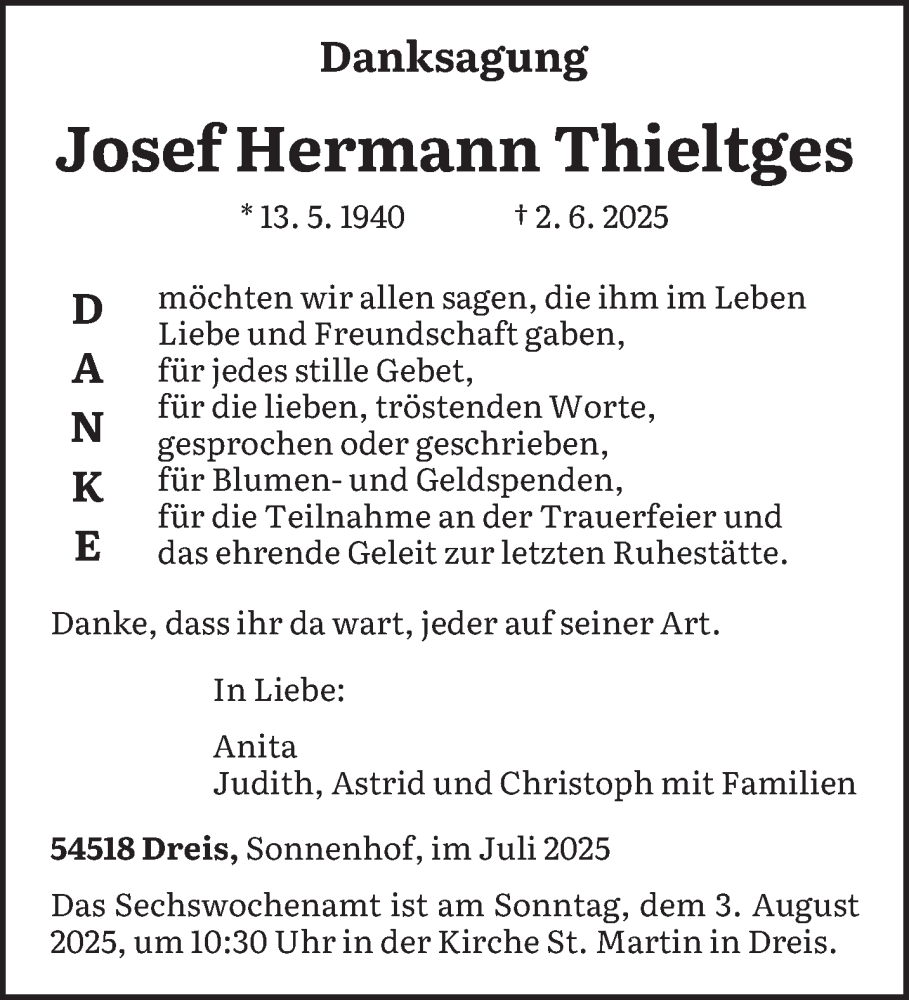  Traueranzeige für Josef Hermann Thieltges vom 26.07.2025 aus trierischer_volksfreund
