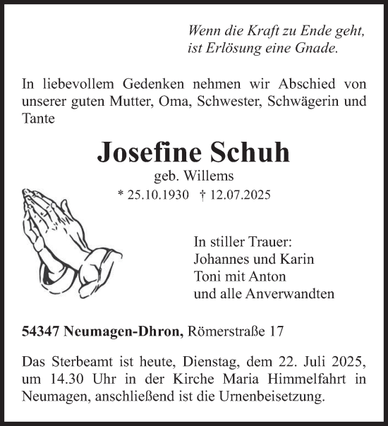 Traueranzeige von Josefine Schuh von trierischer_volksfreund
