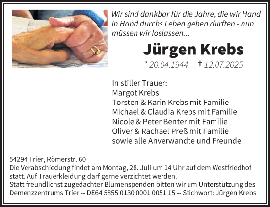 Traueranzeige von Jürgen Krebs von trierischer_volksfreund