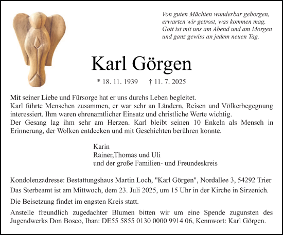 Traueranzeige von Karl Görgen von trierischer_volksfreund