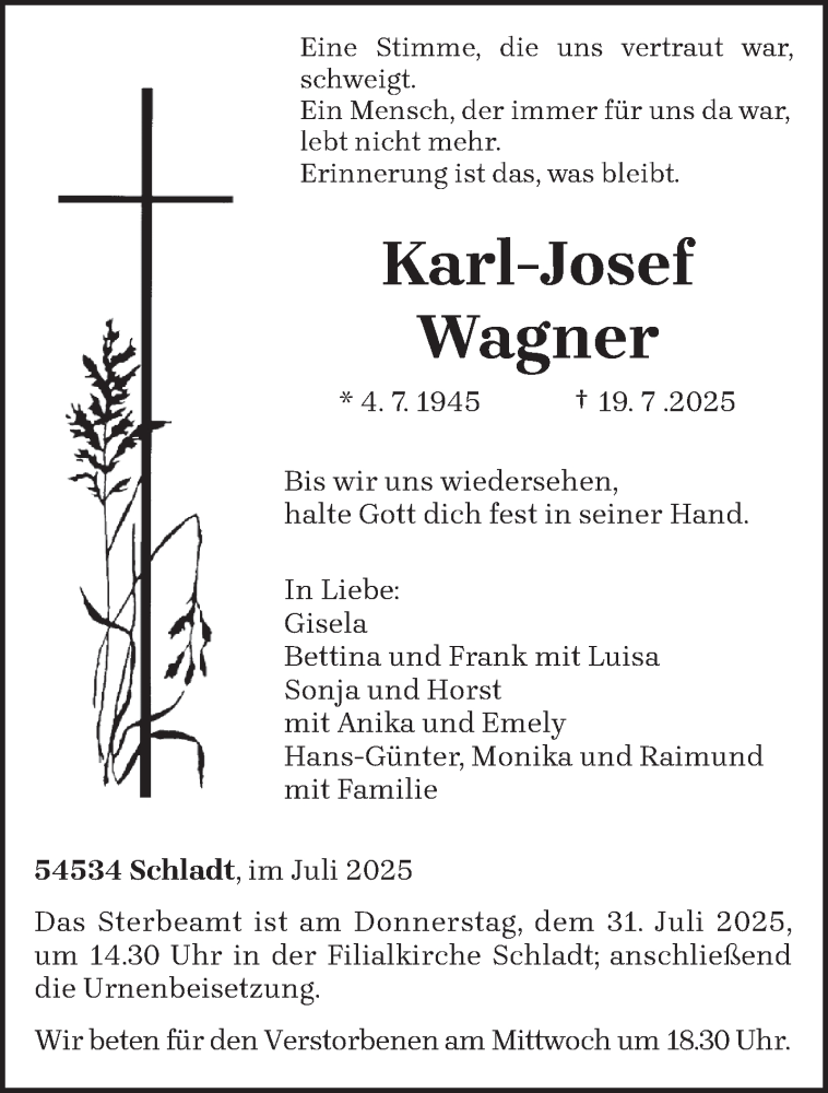  Traueranzeige für Karl-Josef Wagner vom 26.07.2025 aus trierischer_volksfreund