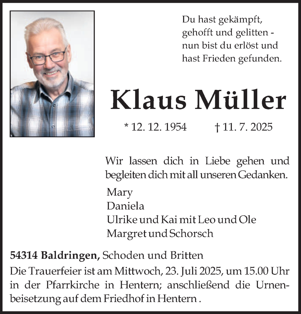  Traueranzeige für Klaus Müller vom 19.07.2025 aus trierischer_volksfreund