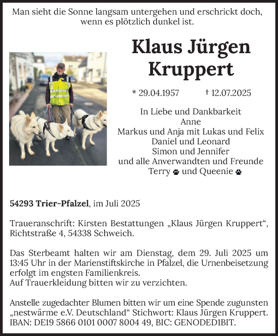 Traueranzeige von Klaus Jürgen Kruppert von trierischer_volksfreund