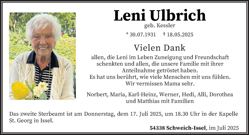  Traueranzeige für Leni Ulbrich vom 12.07.2025 aus trierischer_volksfreund