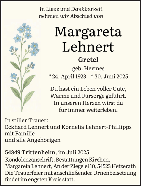 Traueranzeige von Margareta Lehnert von trierischer_volksfreund