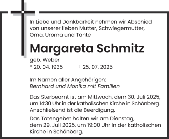 Traueranzeige von Margareta Schmitz von trierischer_volksfreund