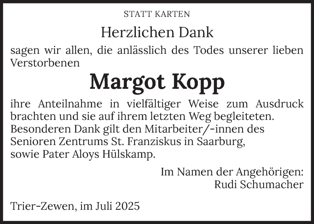  Traueranzeige für Margot Kopp vom 05.07.2025 aus trierischer_volksfreund