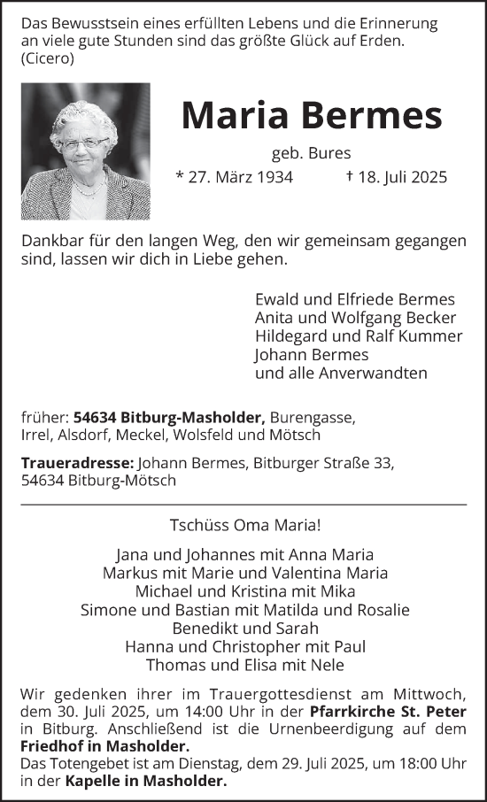 Traueranzeige von Maria Bermes von trierischer_volksfreund