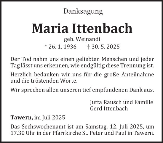 Traueranzeige von Maria Ittenbach von trierischer_volksfreund