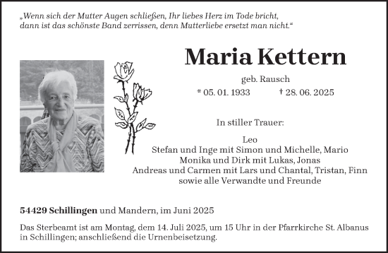 Traueranzeige von Maria Kettern von trierischer_volksfreund