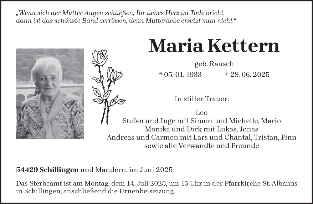  Traueranzeige für Maria Kettern vom 05.07.2025 aus trierischer_volksfreund