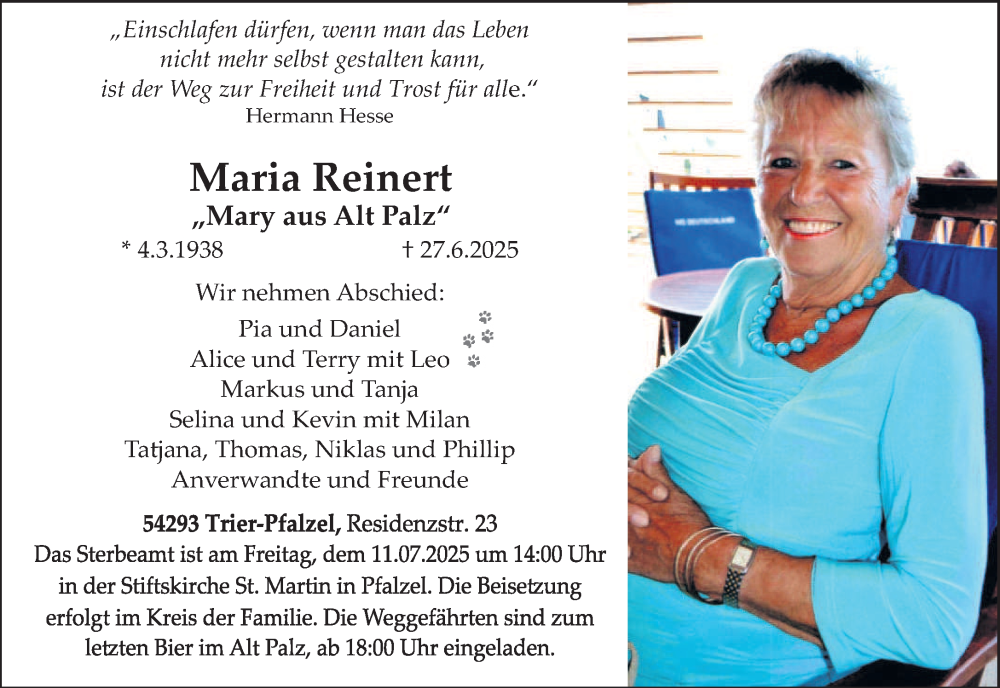  Traueranzeige für Maria Reinert vom 05.07.2025 aus trierischer_volksfreund