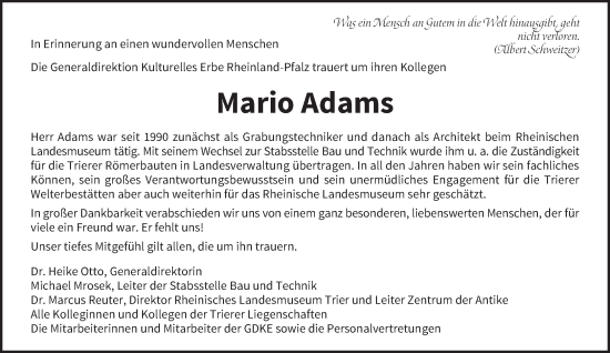 Traueranzeige von Mario Adams von trierischer_volksfreund