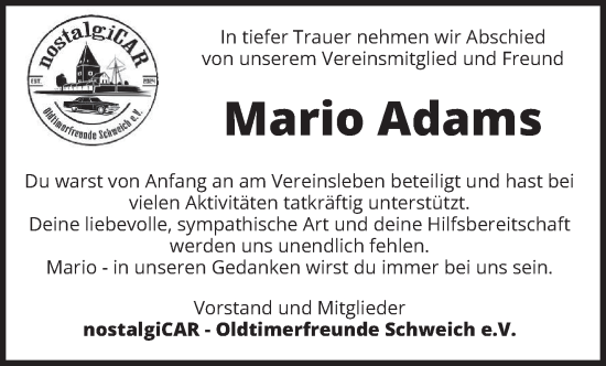 Traueranzeige von Mario Adams von trierischer_volksfreund