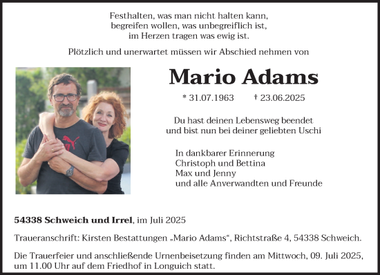 Traueranzeige von Mario Adams von trierischer_volksfreund