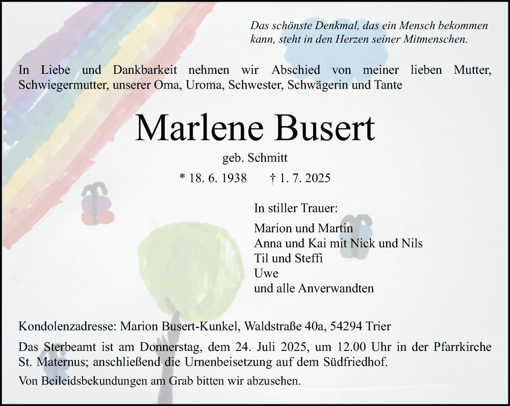  Traueranzeige für Marlene Busert vom 19.07.2025 aus trierischer_volksfreund