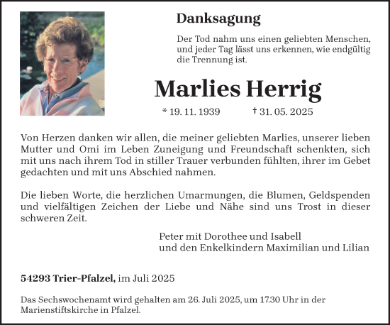 Traueranzeige von Marlies Herrig von trierischer_volksfreund
