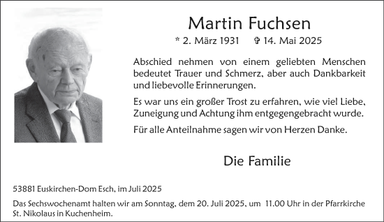 Traueranzeige von Martin Fuchsen von trierischer_volksfreund