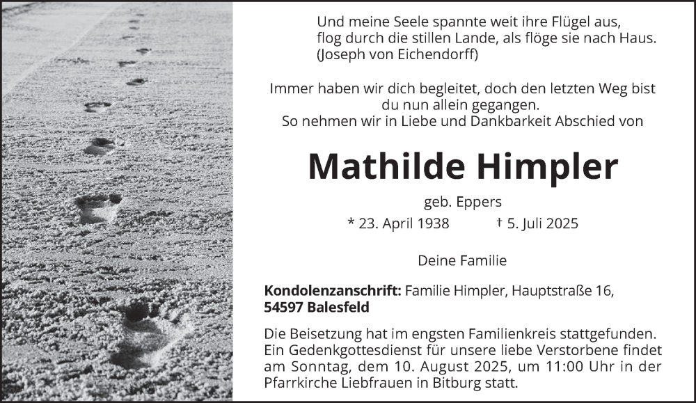  Traueranzeige für Mathilde Himpler vom 19.07.2025 aus trierischer_volksfreund