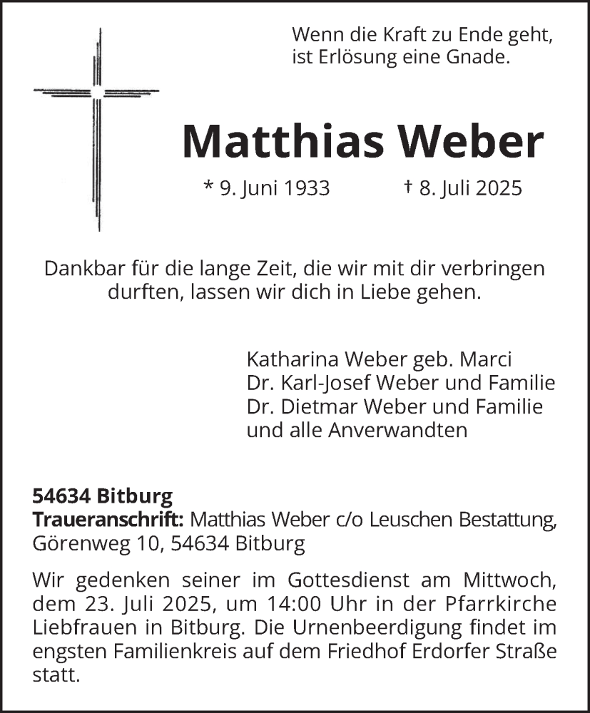  Traueranzeige für Matthias Weber vom 12.07.2025 aus trierischer_volksfreund