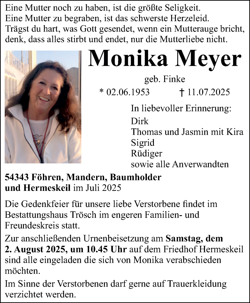  Traueranzeige für Monika Meyer vom 26.07.2025 aus trierischer_volksfreund